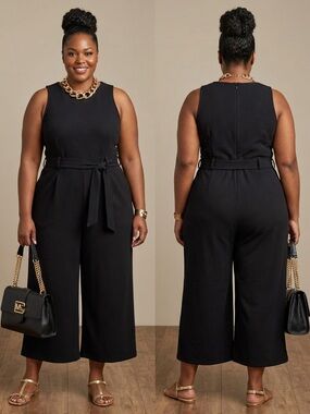 Sleeveless Black Cropped Wide-Leg Jumpsuit with Waist Belt
